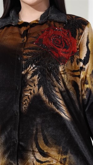 Güllü Kadife Crystal Taşlı Gömlekli Takım - SİYAH