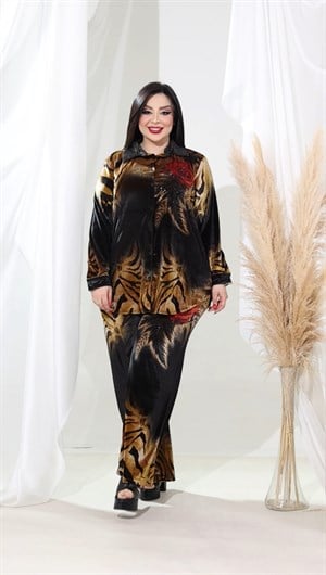 Güllü Kadife Crystal Taşlı Gömlekli Takım - SİYAH