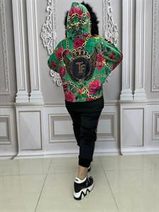 Güllü Kürklü Crystal Taşlı Kadife Eşofman Takımı - YEŞİL