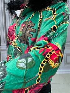 Güllü Kürklü Crystal Taşlı Kadife Eşofman Takımı - YEŞİL