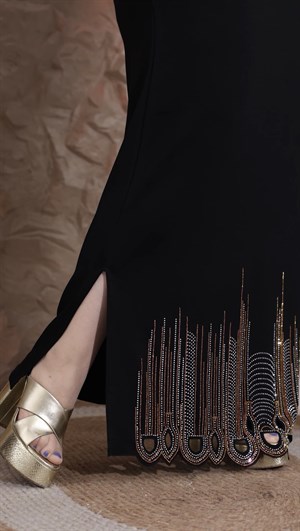 İncili Crystal Taşlı Uzun Elbise - SİYAH