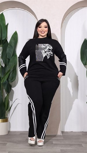 İncili Güllü Crystal Taşlı Takım - SİYAH