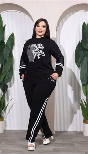 İncili Güllü Crystal Taşlı Takım - SİYAH