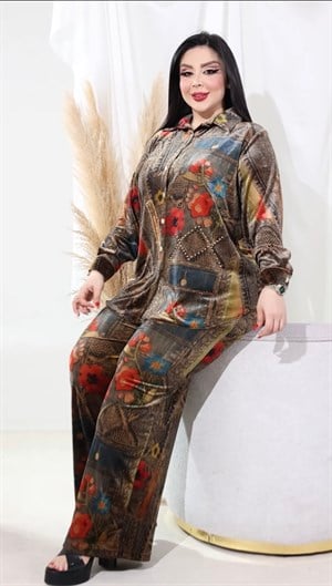 Kadife Crystal Taşlı Gömlekli Takım - RENKLİ