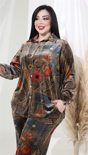 Kadife Crystal Taşlı Gömlekli Takım - RENKLİ