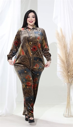 Kadife Crystal Taşlı Gömlekli Takım - RENKLİ