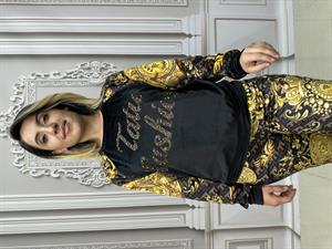 Kadife Omuz Taş Detaylı Crystal Taşlı İkili Takım - KAHVE