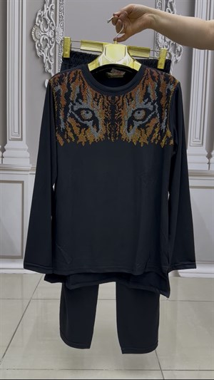 Kaplan Gözlü Penye Crystal Taşlı Takım - SİYAH