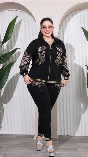 Kapşonlu Crystal Taşlı İkili Takım - SİYAH