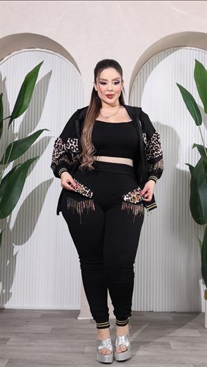 Kapşonlu Crystal Taşlı İkili Takım - SİYAH