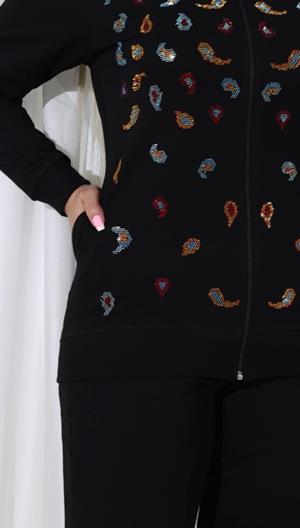 Karışık Desen Crystal Taşlı İkili Takım - SİYAH