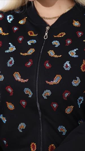 Karışık Desen Crystal Taşlı İkili Takım - SİYAH