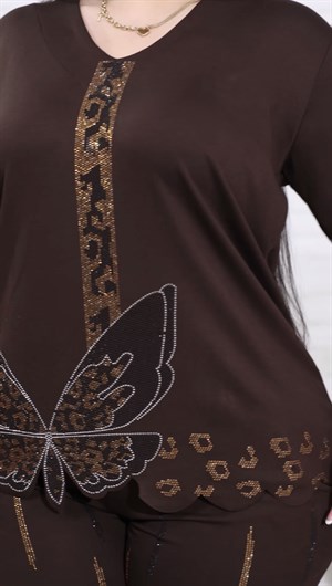 Kelebekli Crystal Taşlı İkili Takım - KAHVE