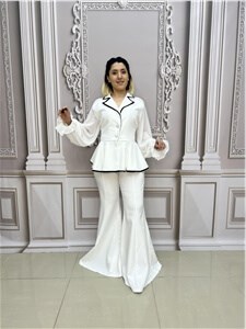 Kolları Şifon Büyük Beden Ceketli Takım - BEYAZ