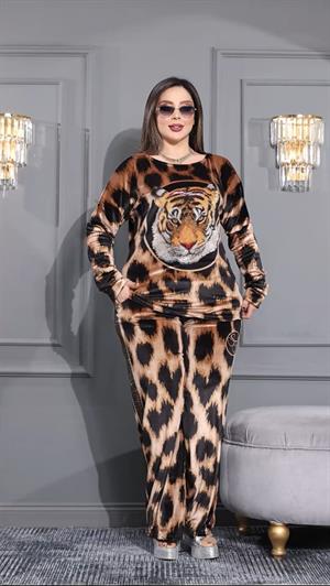 Leopar Crystal Taşlı Kadife Eşofman Takımı - KİREMİT