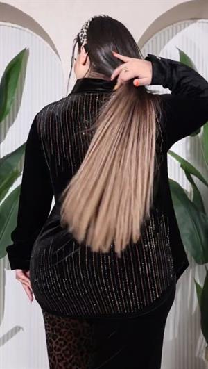 Leopar Crystal Taşlı Kadife Gömlekli Takım - SİYAH