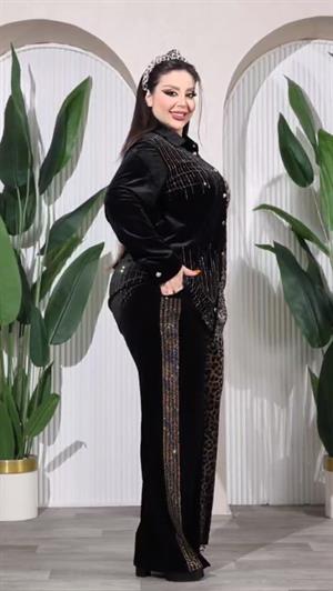 Leopar Crystal Taşlı Kadife Gömlekli Takım - SİYAH