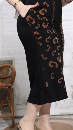 Leopar Crystal Taşlı Midi Elbise - SİYAH