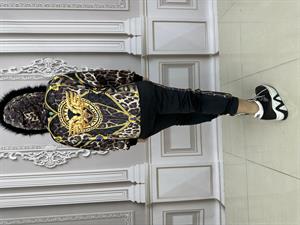 Leopar Desen Kürklü Crystal Taşlı Kadife Eşofman Takımı - BEJ