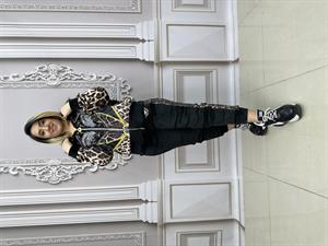 Leopar Desen Kürklü Crystal Taşlı Kadife Eşofman Takımı - BEJ