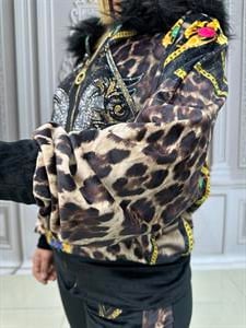 Leopar Desen Kürklü Crystal Taşlı Kadife Eşofman Takımı - BEJ