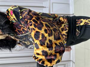 Leopar Desen Kürklü Crystal Taşlı Kadife Eşofman Takımı - KAHVE