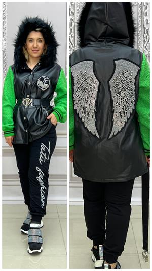 Melek Kanat Derili Crystal Taşlı Eşofman Takımı - YEŞİL