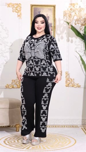 Mickeyli Fiyonklu Crystal Taşlı Takım - SİYAH