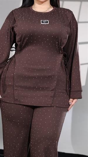 Modal Full Crystal Taşlı İkili Takım - KAHVE