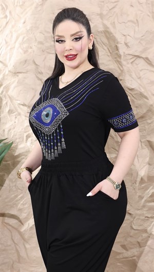Nazar Boncuklu Crystal Taşlı Şalvarlı Takım - SİYAH