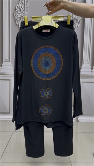 Nazar Boncuklu Penye Crystal Taşlı Takım - SİYAH