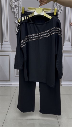 Omuz İpli Crystal Taşlı Takım - SİYAH