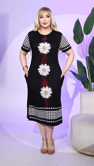 Papatyalı Crystal Taşlı Elbise - SİYAH