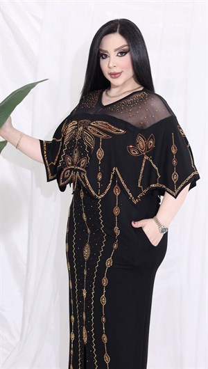 Pelerinli Crystal Taşlı Uzun Elbise - SİYAH