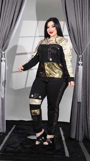 Pullu Lamelli Crystal Taşlı İkili Takım - SİYAH