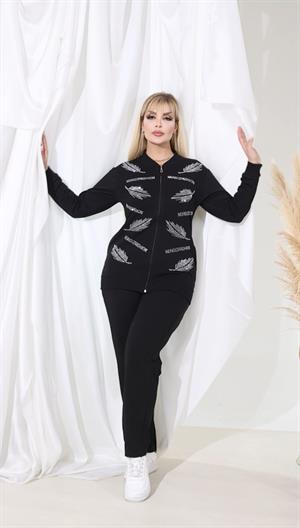 Yaprak Desen Crystal Taşlı İkili Takım - SİYAH