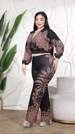 Yaprak Desen Leopar Crystal Taşlı Takım - SİYAH