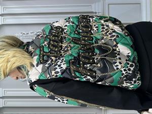 Yelek Zincir Detay Şişme Yelekli Crystal Taşlı Üçlü Takım - YEŞİL