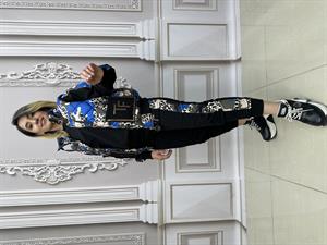 Yelek Zincir Detay Şişme Yelekli Crystal Taşlı Üçlü Takım - MAVİ