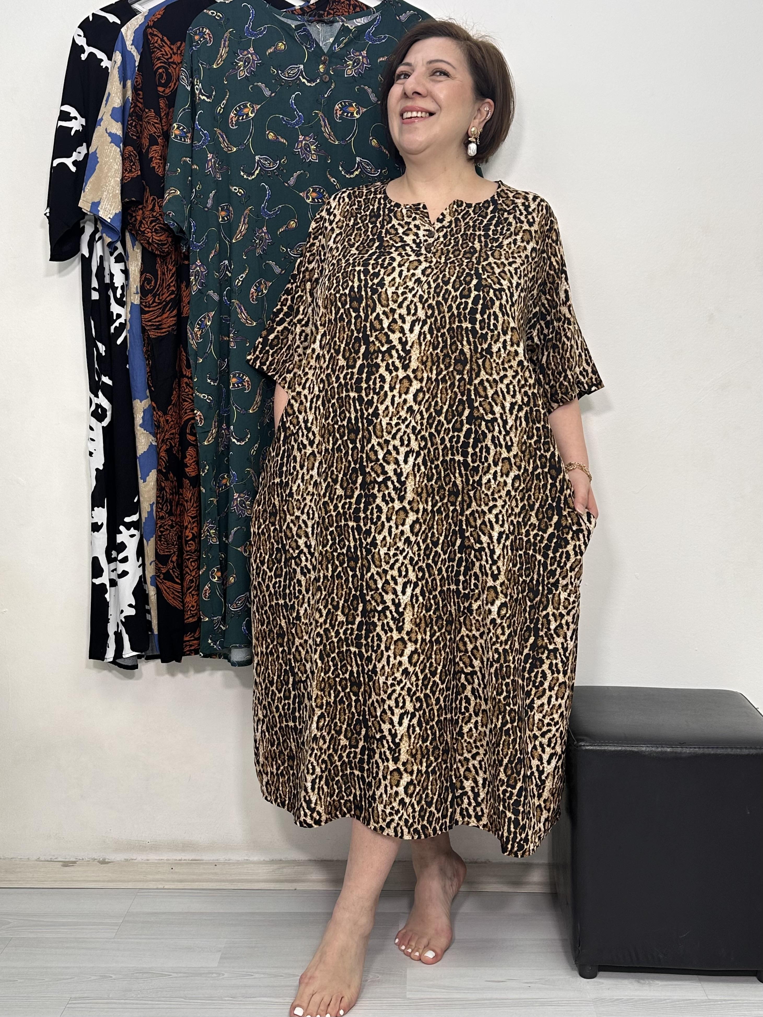 Greta Yarım Patlı Elbise Leopar Desen