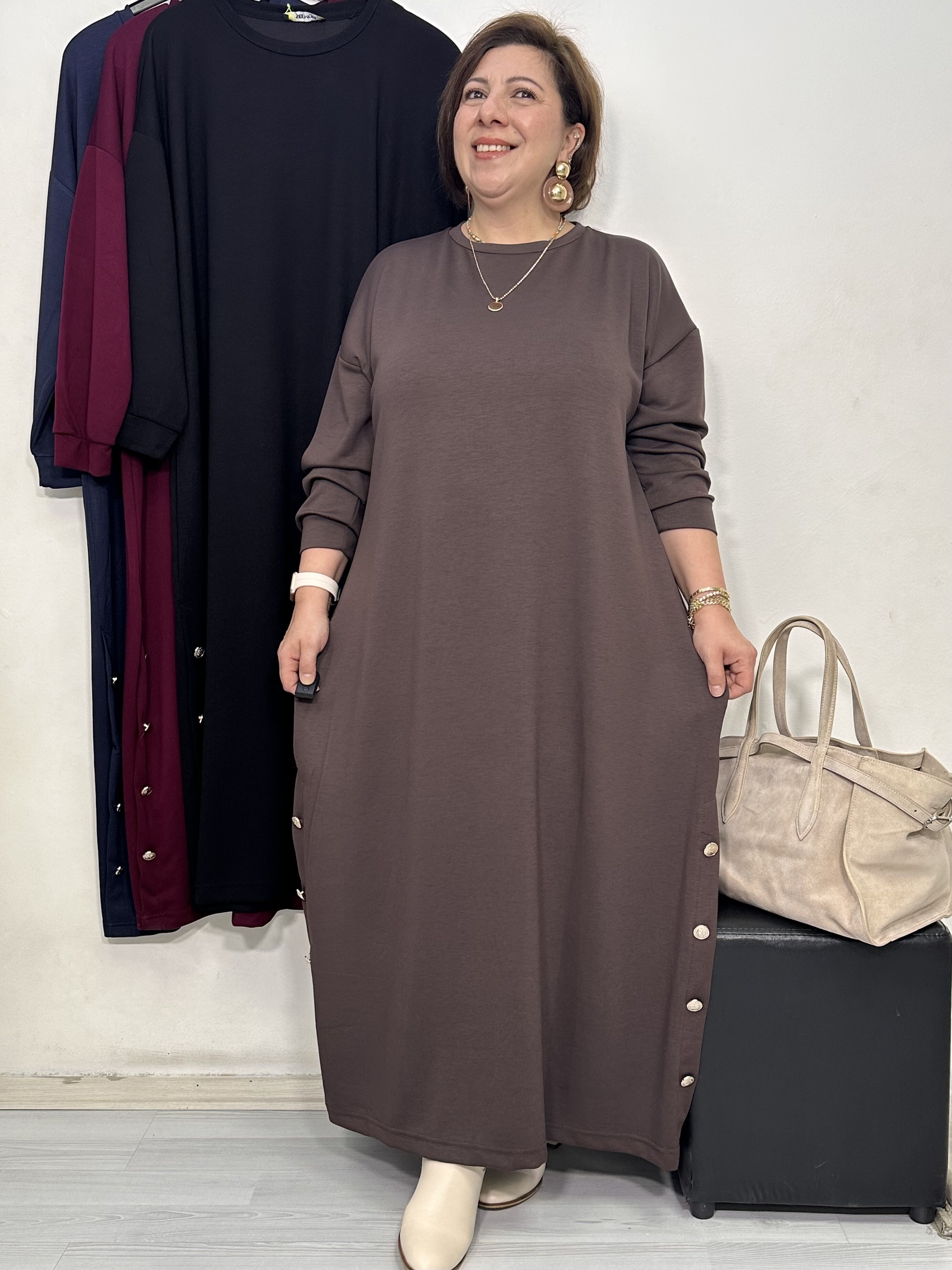 Mocca Düğme Detaylı Elbise Kahverengi
