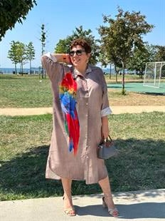 Belle Papağanlı Batik Elbise Kahve