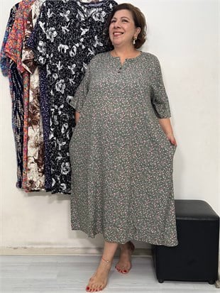 Greta Yarım Patlı Elbise Haki Çıtır Çiçek Desen