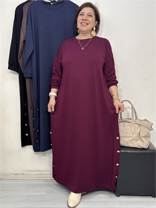 Mocca Düğme Detaylı Elbise Bordo