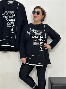 Text Taş Baskı Sweat Siyah