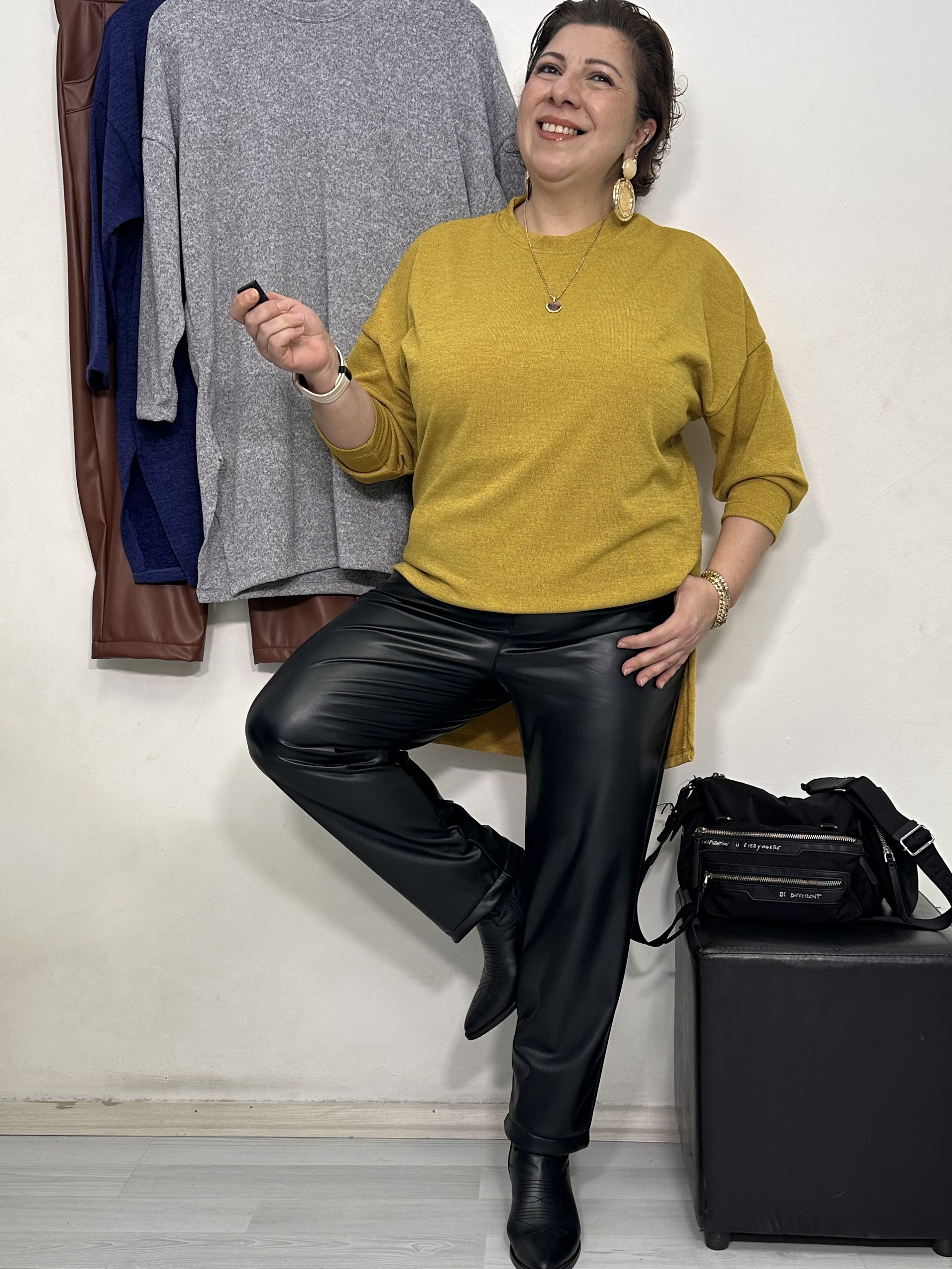 Deep Şardonlu Deri Pantolon Siyah