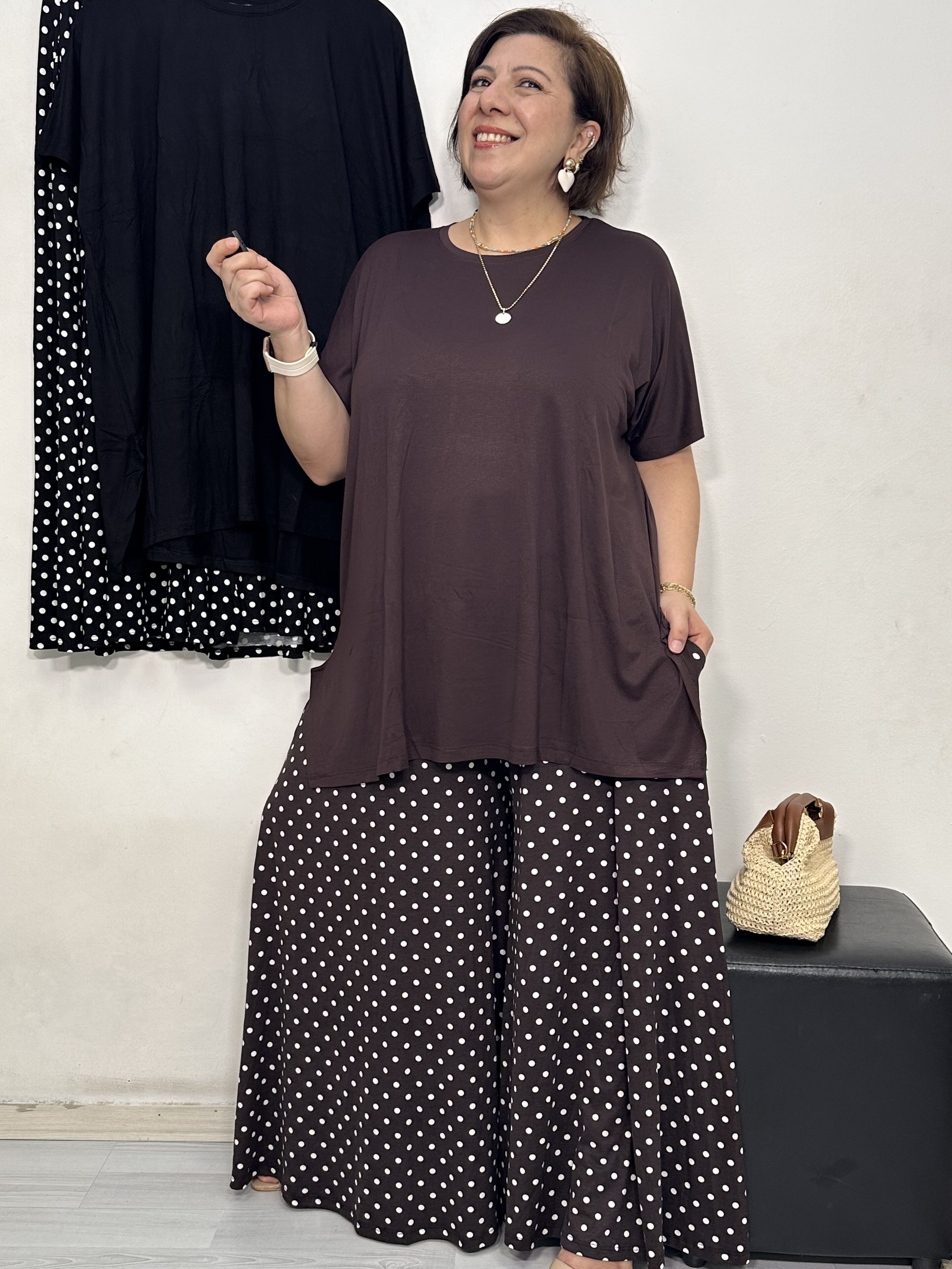 Feira Etek Pantolon Takım Kahverengi Puantiye