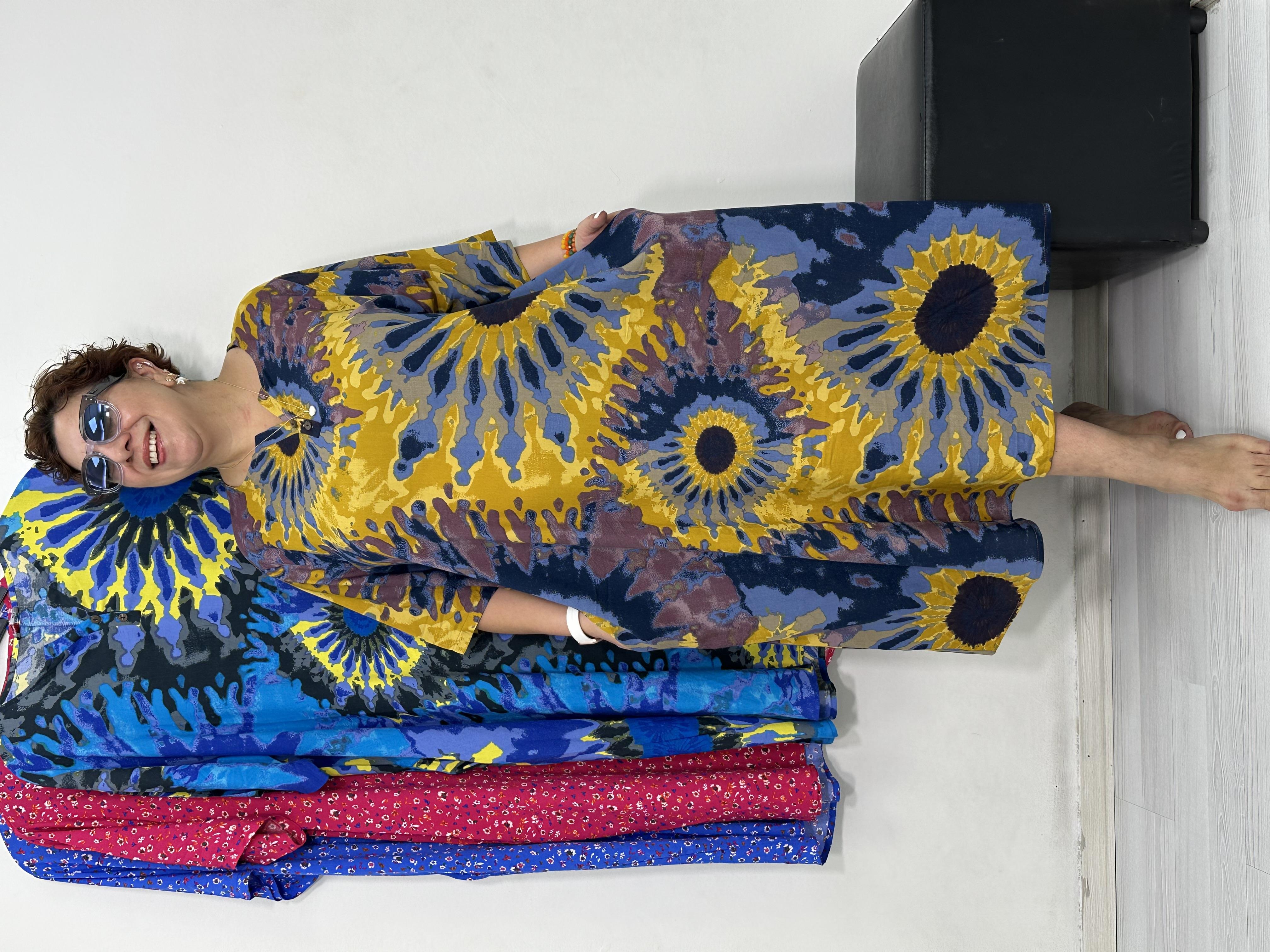 Greta Yarım Patlı Elbise Hardal Batik Desen