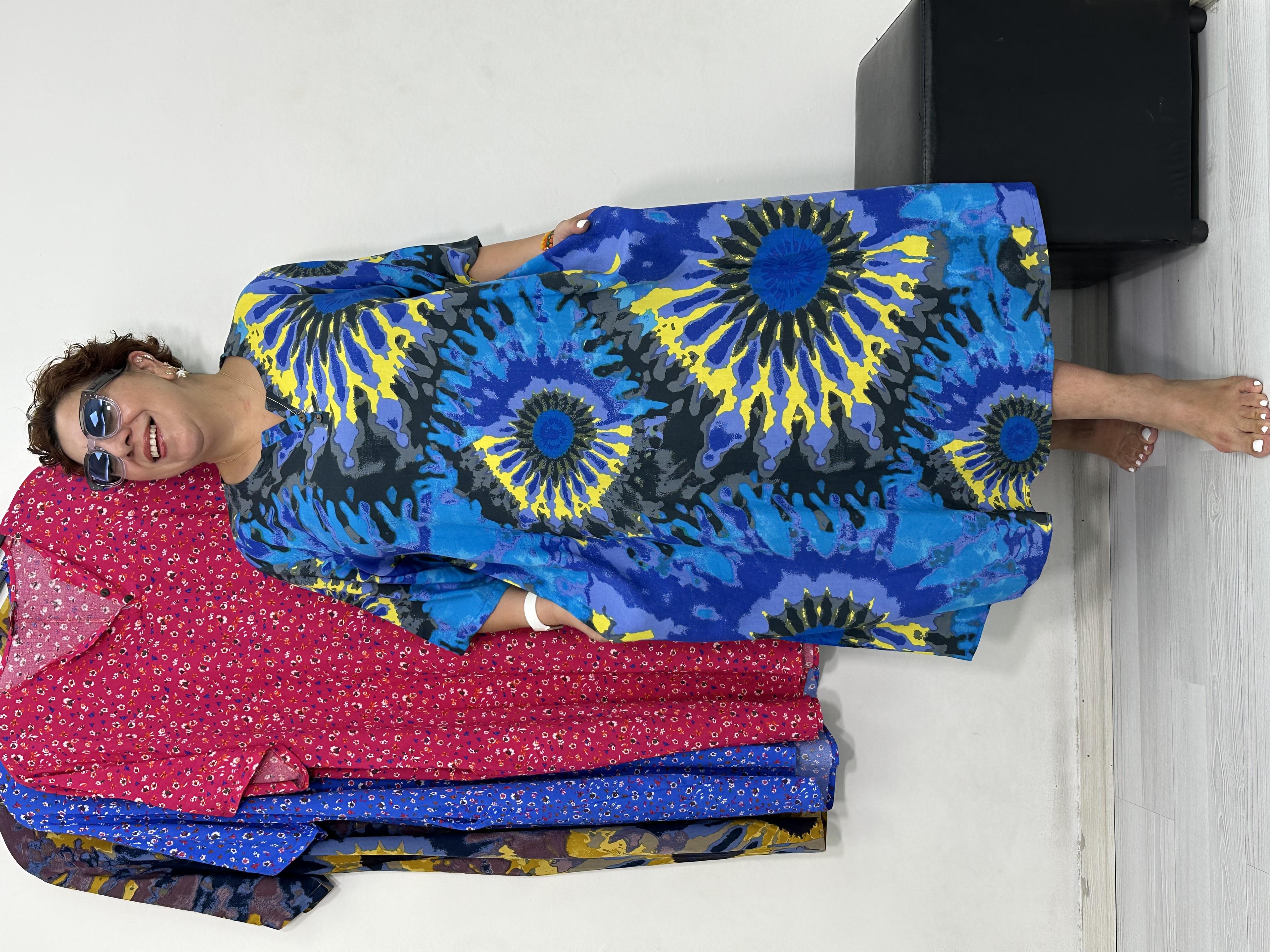 Greta Yarım Patlı Elbise Mavi Batik Desen