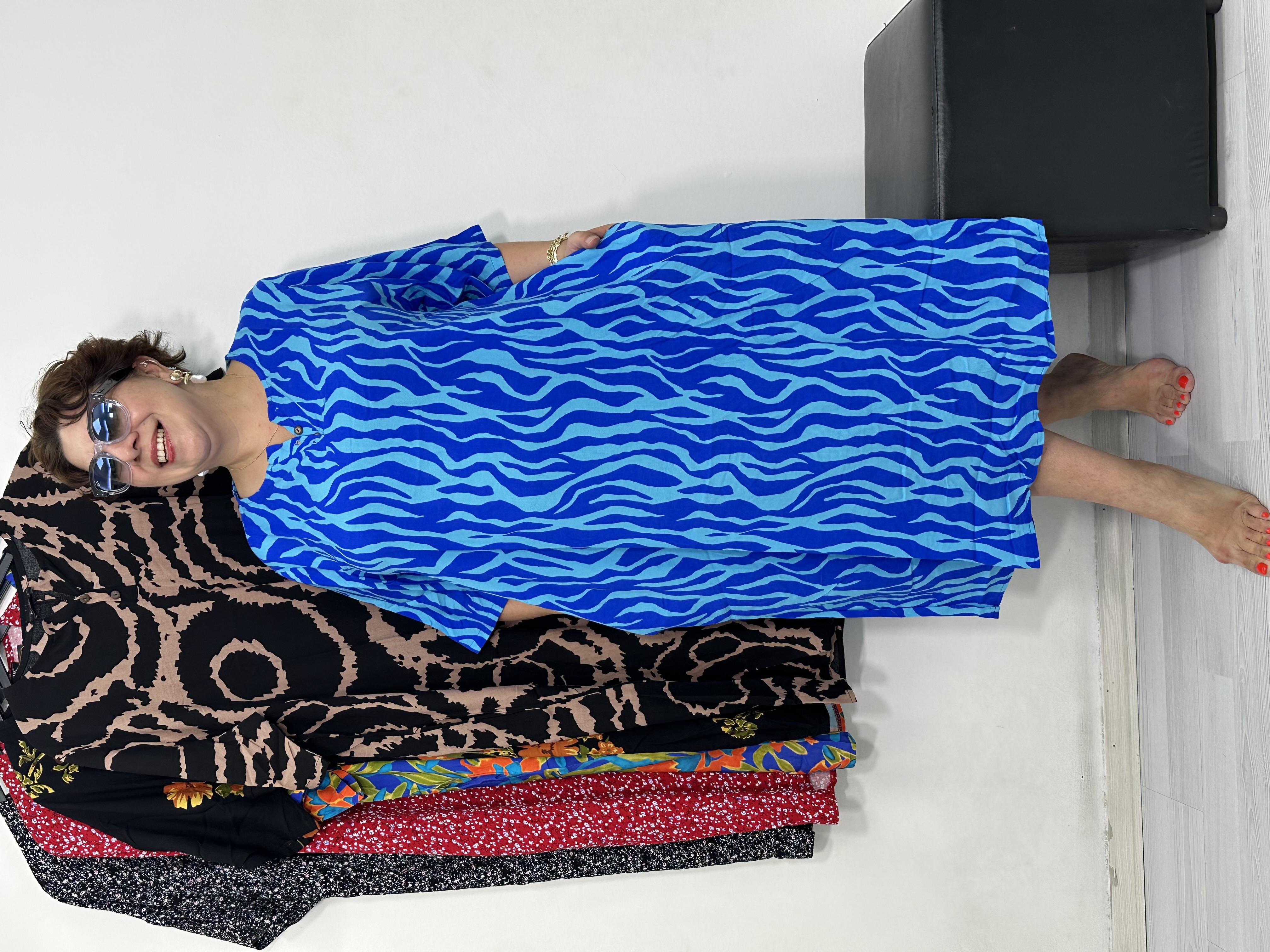 Greta Yarım Patlı Elbise Turkuaz Desen